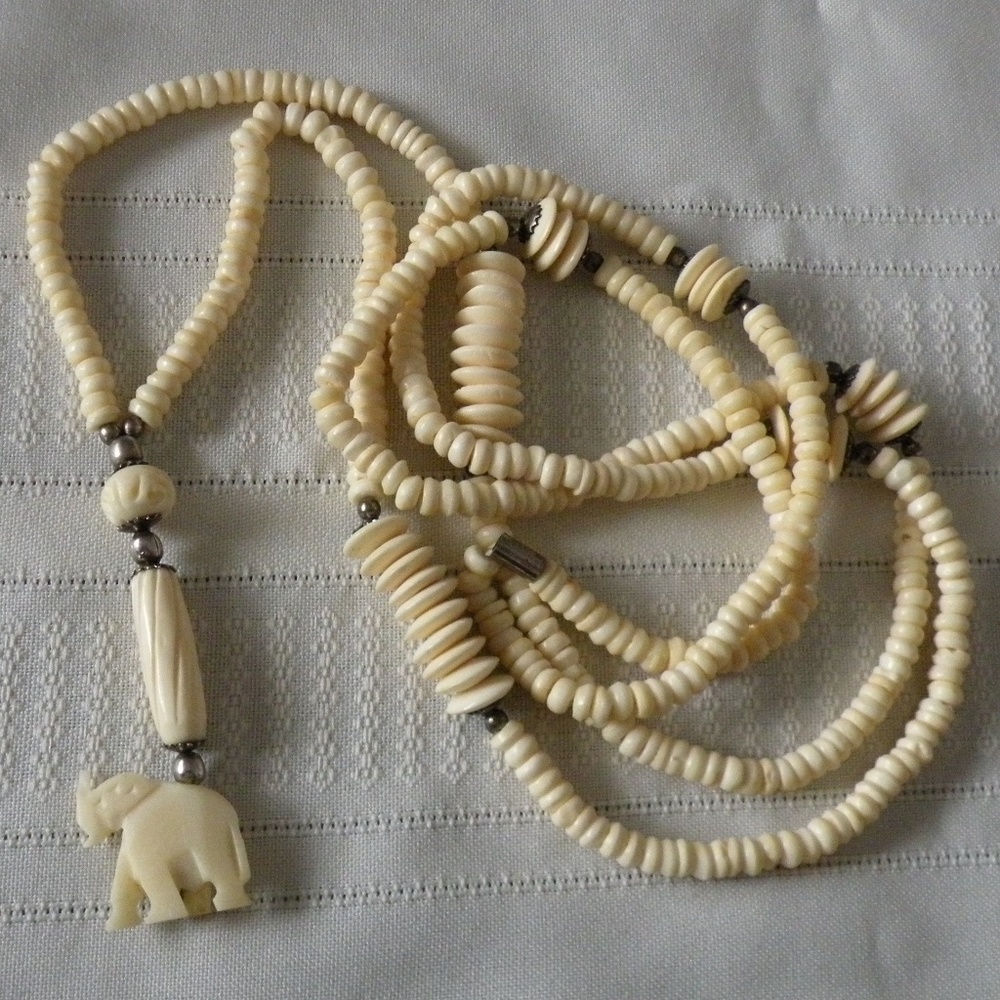 Vintage Cream White Carved Elephant Pendant & Bead Necklace, Bone or Resin 46"
